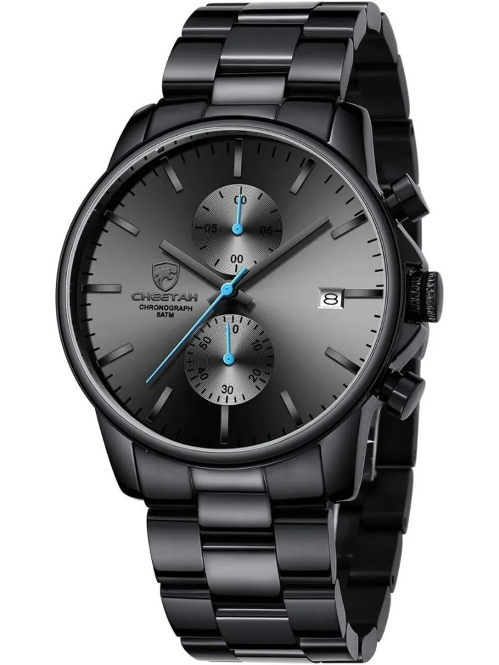 Men's Black Blue Classic Stainless Steel Waterproof Chronograph Quartz Watch